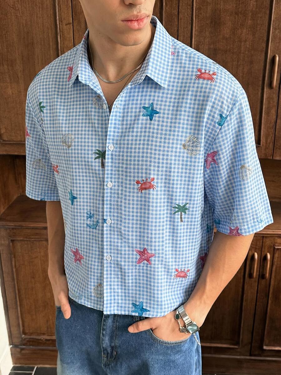 SWAVVY Men's Plaid & Cartoon Print Button-Front Short Sleeve Shirt , Beach Button Up Shirt Vacation - Blue - View 1