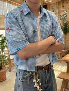 SWAVVY Men's Plaid & Cartoon Print Button-Front Short Sleeve Shirt , Beach Button Up Shirt Vacation - Blue - View 9