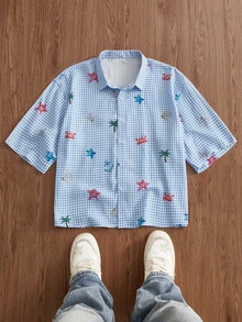 SWAVVY Men's Plaid & Cartoon Print Button-Front Short Sleeve Shirt , Beach Button Up Shirt Vacation - Blue - View 7
