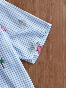 SWAVVY Men's Plaid & Cartoon Print Button-Front Short Sleeve Shirt , Beach Button Up Shirt Vacation - Blue - View 4