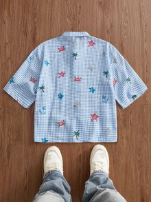 SWAVVY Men's Plaid & Cartoon Print Button-Front Short Sleeve Shirt , Beach Button Up Shirt Vacation - Blue - View 2