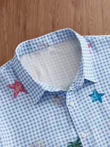 SWAVVY Men's Plaid & Cartoon Print Button-Front Short Sleeve Shirt , Beach Button Up Shirt Vacation - Blue - View 3