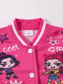 Sparklyn 女童春秋粉色與白色拼接棒球夾克，卡通女孩星星與字母印花，羅紋立領，單排扣，短版，長袖，學院風，適合上學、外出、休閒穿著 - 玫紅色 - 查看 4