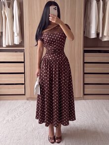 NOVVYNE Women Polka Dot Midi Dress Mesh One Shoulder Ruched Waist A‑Line Flared Fall Vintage Cocktail Party Dress - Brown - View 7