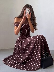 NOVVYNE Women Polka Dot Midi Dress Mesh One Shoulder Ruched Waist A‑Line Flared Fall Vintage Cocktail Party Dress - Brown - View 6