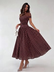 NOVVYNE Women Polka Dot Midi Dress Mesh One Shoulder Ruched Waist A‑Line Flared Fall Vintage Cocktail Party Dress - Brown - View 9