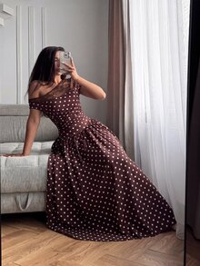 NOVVYNE Women Polka Dot Midi Dress Mesh One Shoulder Ruched Waist A‑Line Flared Fall Vintage Cocktail Party Dress - Brown - View 3