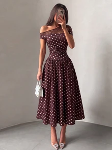 NOVVYNE Women Polka Dot Midi Dress Mesh One Shoulder Ruched Waist A‑Line Flared Fall Vintage Cocktail Party Dress - Brown - View 2