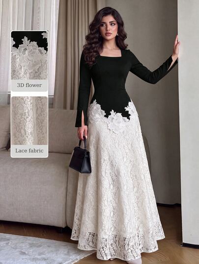 NOVVYNE Women's Knitted Black Long Sleeve Square Neck Waist-Cinching Apricot Lace Trim Lace Fabric Elegant Romantic Dress