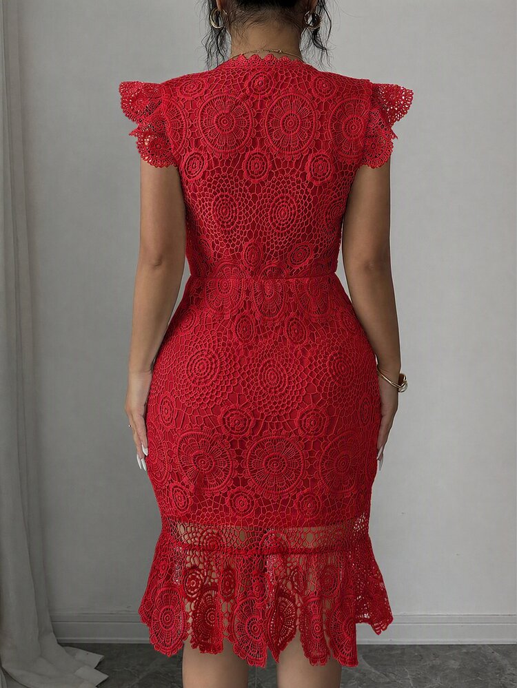 Elenzga Versatile Premium Heavy Lace Fabric Plus Size Women's Mermaid Hem Dress - Red - View 2