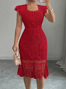 Elenzga 多功能高級厚蕾絲面料大尺碼女款魚尾下擺洋裝 - 紅色 - 查看 4