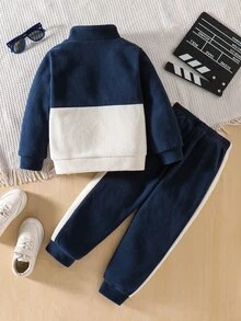 SHEIN 男童 2 件套休閒高領拼色抓絨長袖衛衣與長褲套裝，適合日常穿著、上學及其他場合，秋冬款 - 藏蓝色 - 查看 2