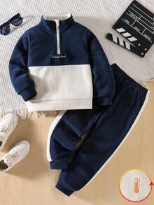SHEIN 男童 2 件套休閒高領拼色抓絨長袖衛衣與長褲套裝，適合日常穿著、上學及其他場合，秋冬款 - 藏蓝色 - 查看 3