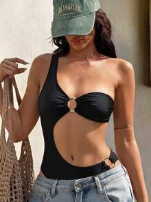 SHEIN Swim Springbreak Chic Sea 女士优雅纯色单肩镂空圆点连体泳衣 - 黑色 - 查看 3