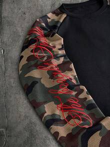 AXEPEAK 男士拼接迷彩印花圓領插肩長袖休閒T恤 - 黑色 - 查看 4
