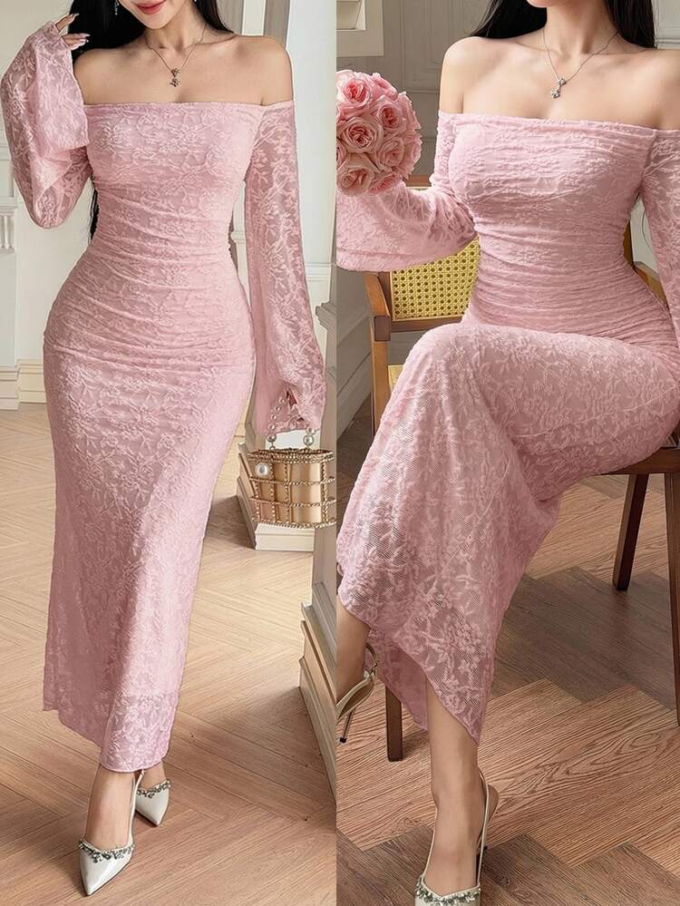 DAZY Women's Elegant Lace Off-Shoulder Long Dress, Spring/Summer Sun Dresses For Women - Pink - View 1