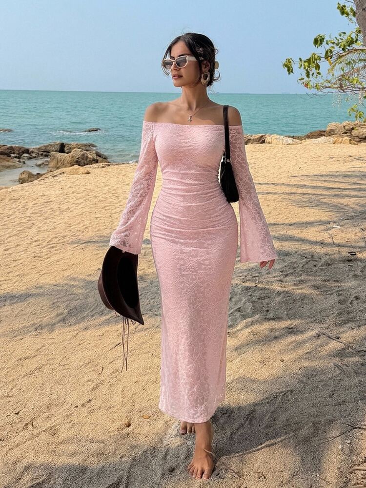 DAZY Women's Elegant Lace Off-Shoulder Long Dress, Spring/Summer Sun Dresses For Women - Pink - View 7