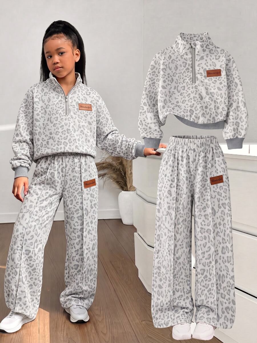 SHEIN (少女) 灰色豹紋半拉鍊立領寬腿褲兩件套,高立領半拉鍊設計,插肩長袖,羅紋袖口,搭配寬腿褲,適合日常上學、戶外旅行、拍照,春季與秋季穿著百搭實用 - 灰色 - 查看 1