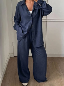 Livesso Western Casual Beach Travel Vacation Solid Color Cowboy-Inspired Loose Linen 2 Pieces Suit Set, Minimalist Fall, Women Lounge Navy Blue - Navy Blue - View 4