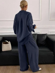 Livesso Western Casual Beach Travel Vacation Solid Color Cowboy-Inspired Loose Linen 2 Pieces Suit Set, Minimalist Fall, Women Lounge Navy Blue - Navy Blue - View 2