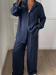 Livesso Western Casual Beach Travel Vacation Solid Color Cowboy-Inspired Loose Linen 2 Pieces Suit Set, Minimalist Fall, Women Lounge Navy Blue - Navy Blue - View 3