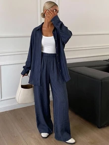 Livesso Western Casual Beach Travel Vacation Solid Color Cowboy-Inspired Loose Linen 2 Pieces Suit Set, Minimalist Fall, Women Lounge Navy Blue - Navy Blue - View 5