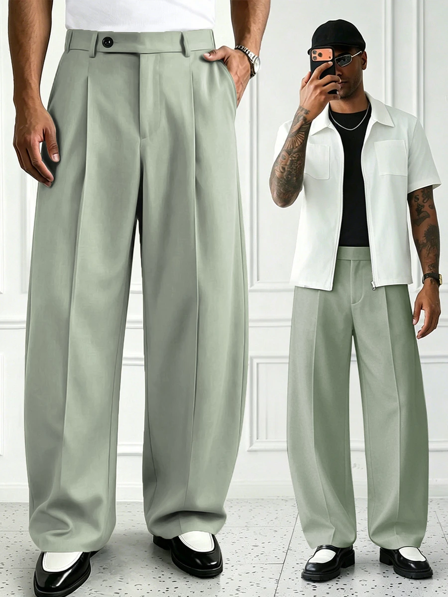 HUEFORM Men's Premium Curved Leg Trousers, Lazy Chic Vintage Old Money Style Barrel Leg Loose Casual Pants For Home And Commute - Olive Green - View 1