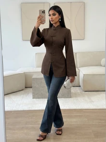 Veilorie Women's Solid Color Frog Button Design Long Sleeve Arabic Style Top - Brown - View 2