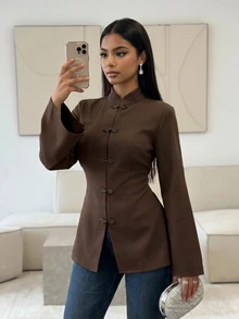 Veilorie Women's Solid Color Frog Button Design Long Sleeve Arabic Style Top - Brown - View 8