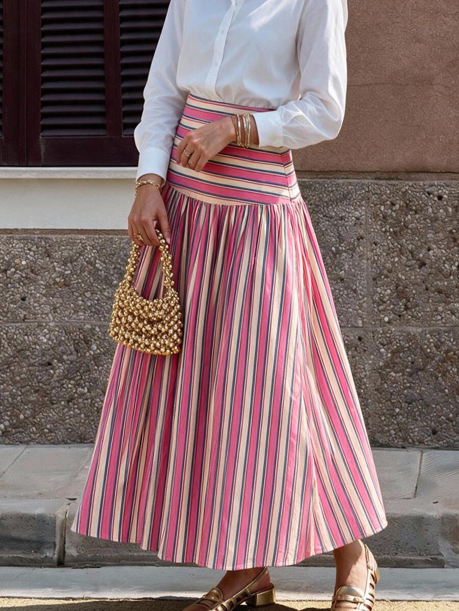 Flora Isola Flora Isola Striped Print High Waist Skirt - Pink - View 1