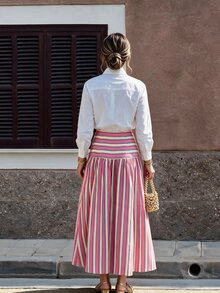 Flora Isola Flora Isola Striped Print High Waist Skirt - Pink - View 2