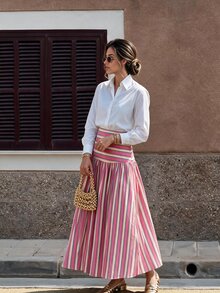 Flora Isola Flora Isola Striped Print High Waist Skirt - Pink - View 3