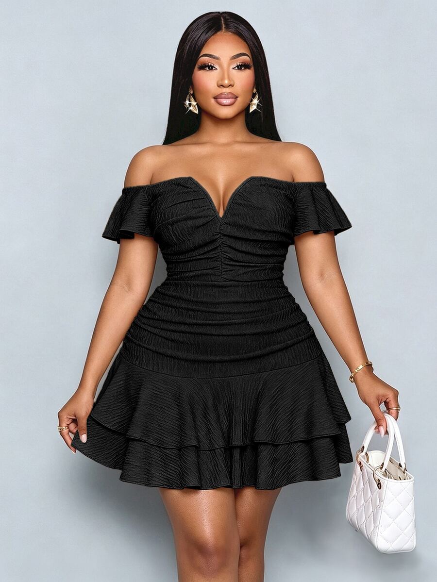 SOLERSUN Plus Size Women's Fashionable Elegant 70's Sexy V-Neck Off Shoulder Ruffle Sleeve Textured Mini Dress Ruched Bodycon Double Hem Party Night Rave Club - Black - View 1
