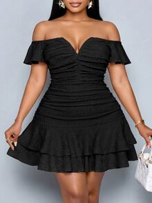 SOLERSUN Plus Size Women's Fashionable Elegant 70's Sexy V-Neck Off Shoulder Ruffle Sleeve Textured Mini Dress Ruched Bodycon Double Hem Party Night Rave Club - Black - View 6