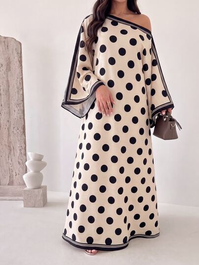 Yasveil Cream Asymmetrical Neck Large Polka Dot Maxi Dress, Wide Flare Sleeve Contrast Striped Piping Loose Kaftan Gown For Early Autumn Vacation Cocktail Party