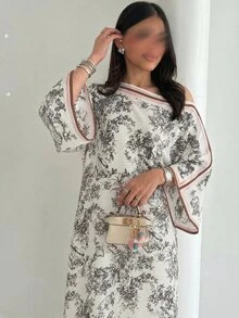 Yasmyna 女款春夏梭織鏤空數位印花長袖不對稱領A字版型優雅浪漫土耳其與阿拉伯傳統長襯衫 - 棕色 - 查看 3