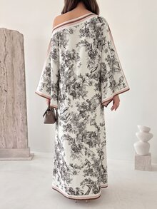 Yasmyna 女款春夏梭織鏤空數位印花長袖不對稱領A字版型優雅浪漫土耳其與阿拉伯傳統長襯衫 - 棕色 - 查看 2