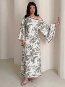 Yasmyna 女款春夏梭織鏤空數位印花長袖不對稱領A字版型優雅浪漫土耳其與阿拉伯傳統長襯衫 - 棕色 - 查看 4