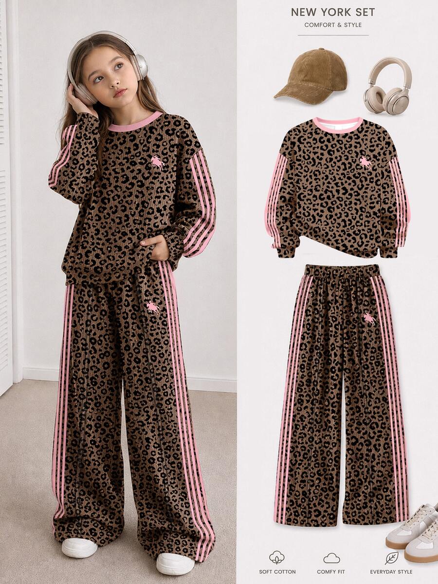 SHEIN Girlism 復古時尚豹紋棕色與粉色條紋青少年女孩休閒寬鬆落肩長袖圓領套頭運動衫與寬腿運動褲套裝,適合秋冬日常、街頭、戶外、運動、校園、返校 - 彩色 - 查看 1