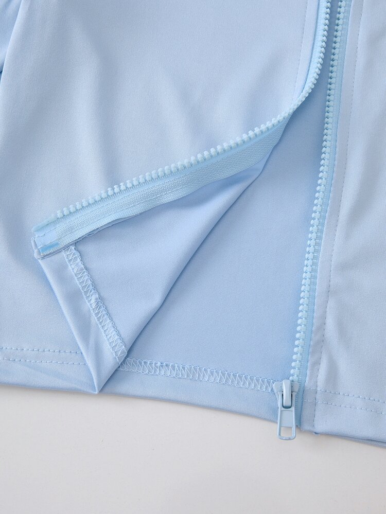 SHEIN Sparklyn Girl-Like Black 3 Pieces Set, Stand Collar Jacket + Camisole + Leggings, One Set Solves Daily Outfit. Slim Fit Without Tightness, Gentle And Elegant. Suitable For School, Sports, And Outings With Friends, Easily Wear A Sweet And Spicy Girl-Like Style - Baby Blue - View 7