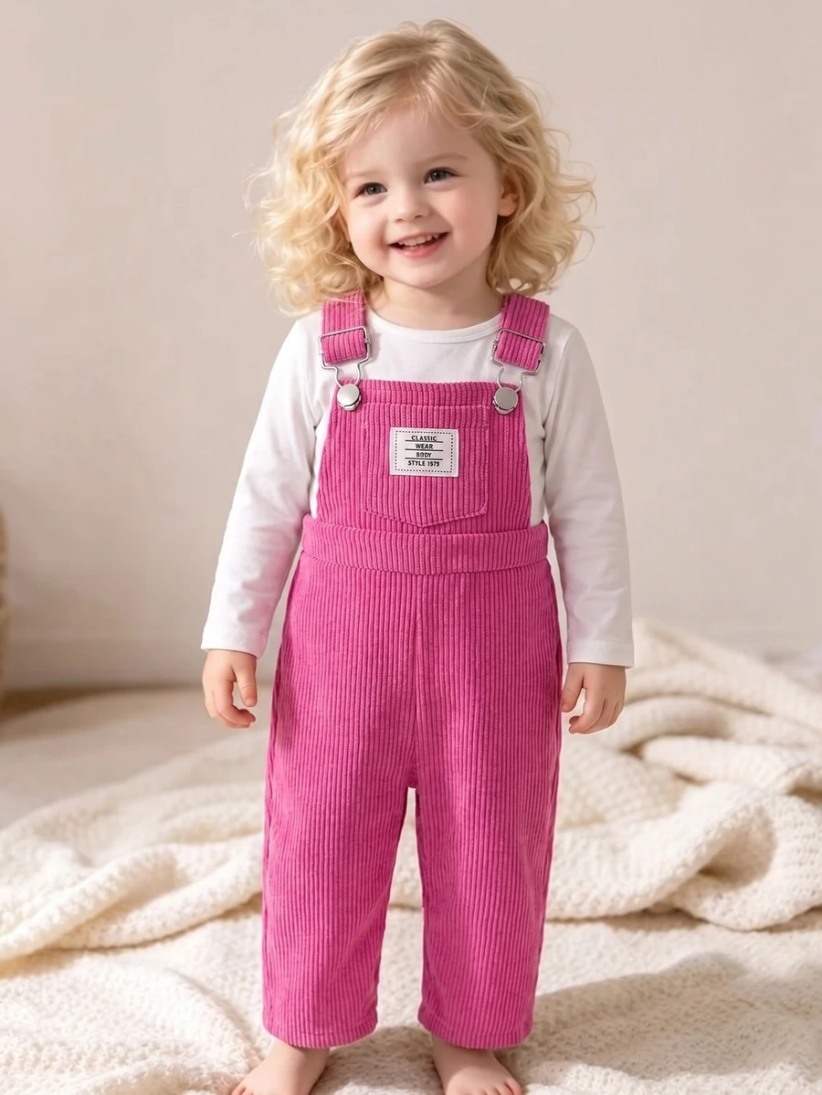 Baby Girl Letter Patched Detail Overall Jumpsuit - Hot Pink - View 1