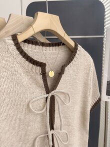 SHEIN Franclia 休闲宽松圆领短袖针织开衫，撞色滚边，开襟设计，女士春秋季款 - 卡其色 - 查看 5
