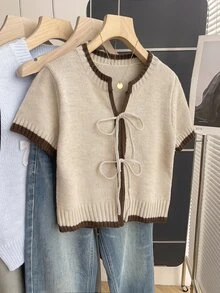SHEIN Franclia 休闲宽松圆领短袖针织开衫，撞色滚边，开襟设计，女士春秋季款 - 卡其色 - 查看 4