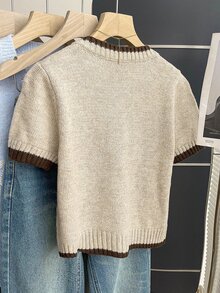 SHEIN Franclia 休闲宽松圆领短袖针织开衫，撞色滚边，开襟设计，女士春秋季款 - 卡其色 - 查看 2