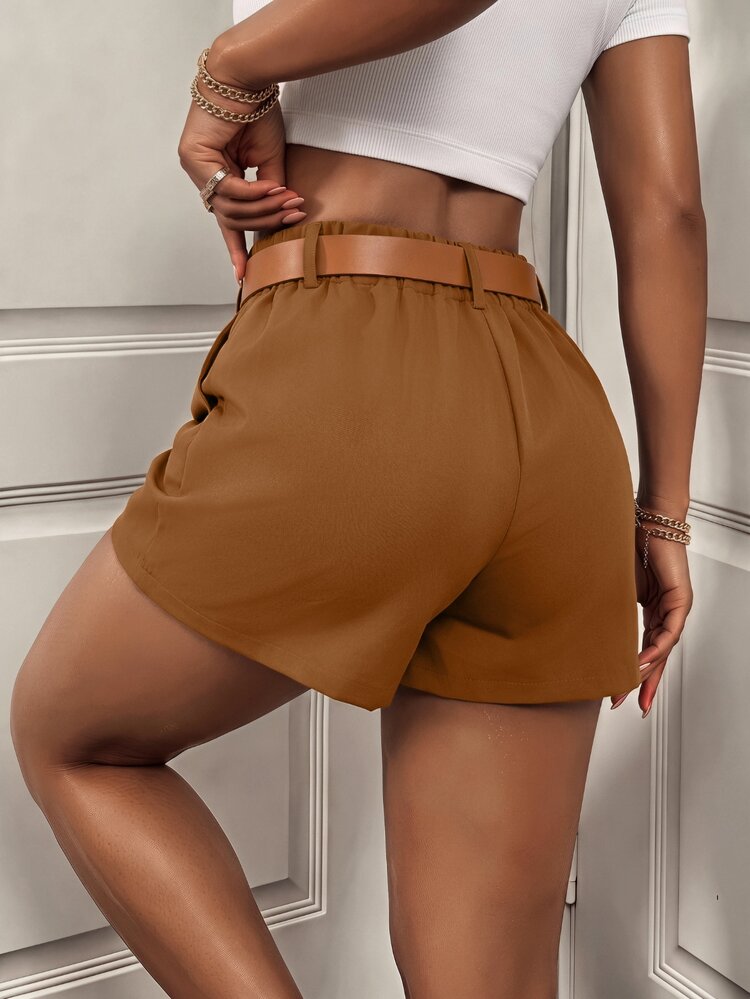 BamGleam Pantalones cortos casuales sueltos con bolsillos y pliegues de unicolor para mujer - Marrón - Añade 6
