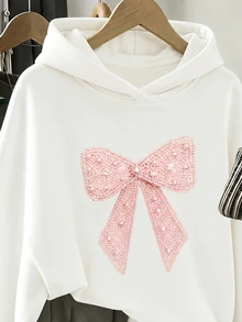 Tween Girl Bow Pattern Tween Girl Casual Daily Wear Hooded Autumn Sweatshirt - White - View 5