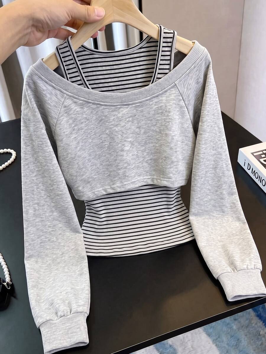 SHEIN Franclia Women's Fall Grey Black And White Striped Wide Neck Cold ...