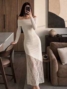Modelyn Women's Long Dress, Elegant Cold Shoulder Ruched Long Sleeve Bodycon Dress With Asymmetric Sheer Lace Panel For Party Date Night Going Out Fall - Apricot - View 1