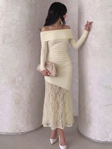 Modelyn Women's Long Dress, Elegant Cold Shoulder Ruched Long Sleeve Bodycon Dress With Asymmetric Sheer Lace Panel For Party Date Night Going Out Fall - Apricot - View 3