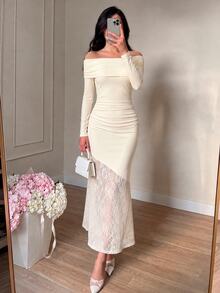 Modelyn Women's Long Dress, Elegant Cold Shoulder Ruched Long Sleeve Bodycon Dress With Asymmetric Sheer Lace Panel For Party Date Night Going Out Fall - Apricot - View 5